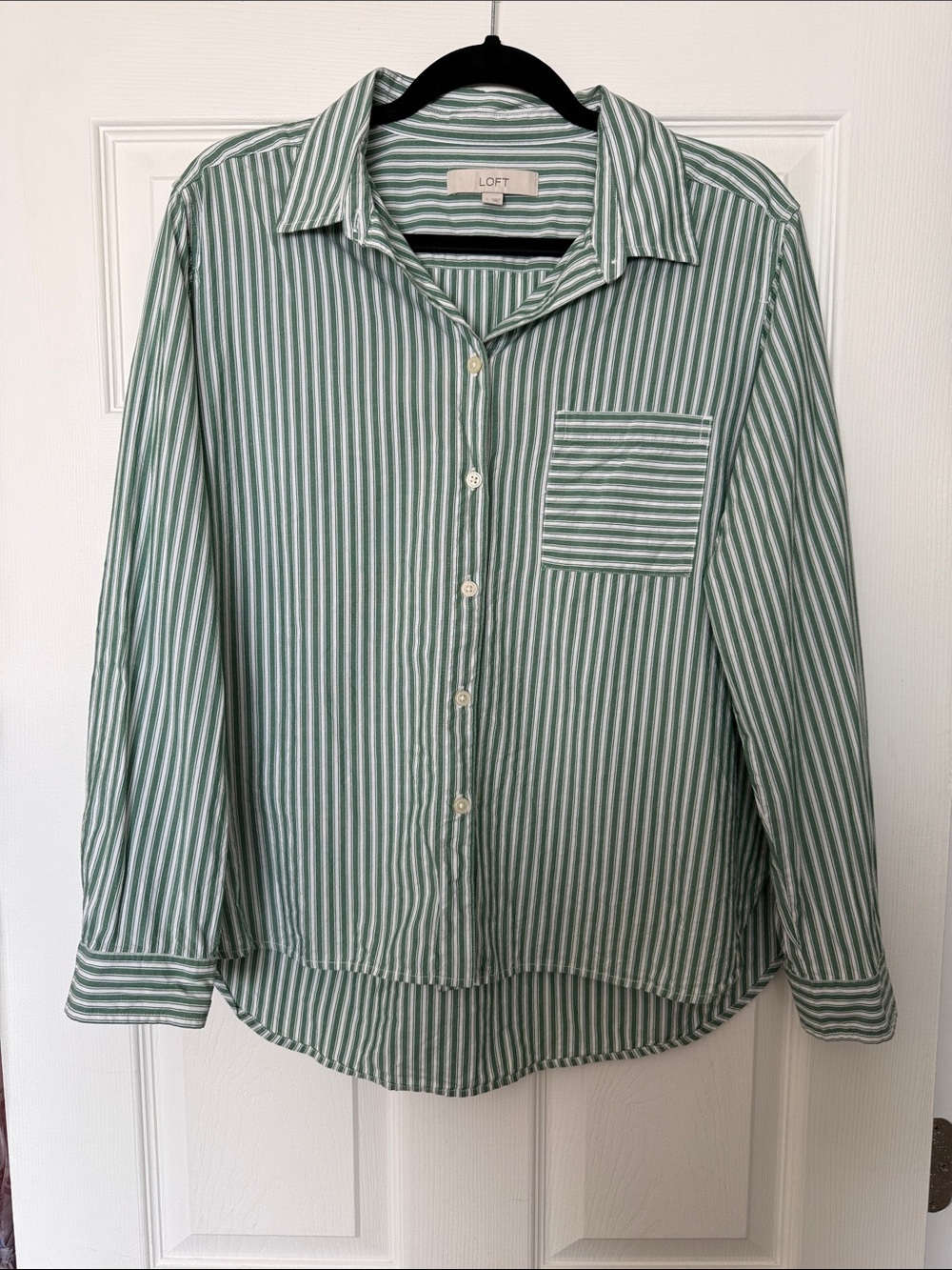LOFT Green & White Striped Collared Button Down Shirt